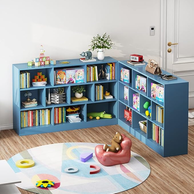 IOTXY Open Shelf Low Bookcase - Wooden 3-Tier Floor Standing Display Cabinet Organizer with Base, 8 Cubes Short Horizontal Bookshelf in Bright Blue