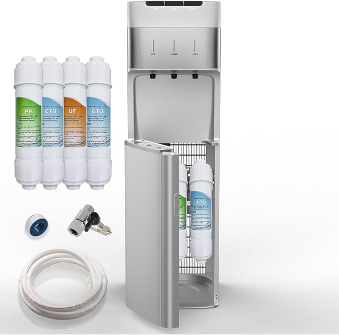 Self Cleaning Bottleless Water Cooler Dispenser with 4 Stage Water Filter 3 Temperature Settings Silver
