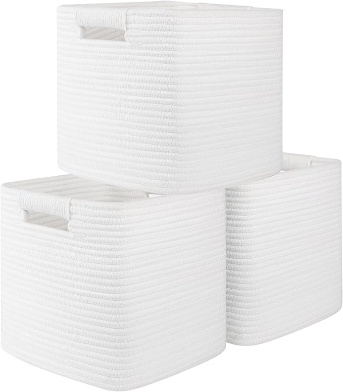 OIAHOMY Storage Cubes 11 Inch - 3 Pack, Cotton Rope Woven Baskets for Organizing, Square Storage Baskets for Shelves Organizer, Classroom, Kids Toy Bins, Closet, Baby Nursery-White