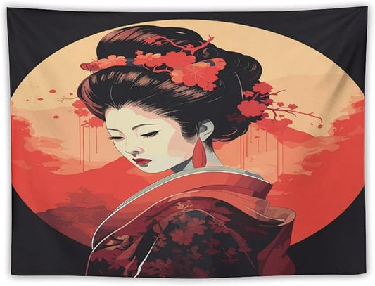 Japanese Woman Geisha Tapestry Asian Cherry Blossom Red Sun Traditional Kimono Folk Tapestries Home Decor for Living Room Bedroom Apartment Farmhouse Dorm 40"x30"