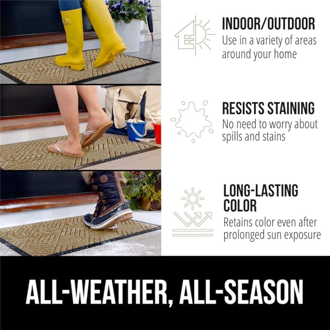 GORILLA GRIP 100% Waterproof All-Season WeatherMax Doormat US Designed Natural Rubber, Stain and Fade Resistant, Low Profile Indoor Outdoor Door Mats, Easy Clean Patio Mat, 23x35, Beige Diamond
