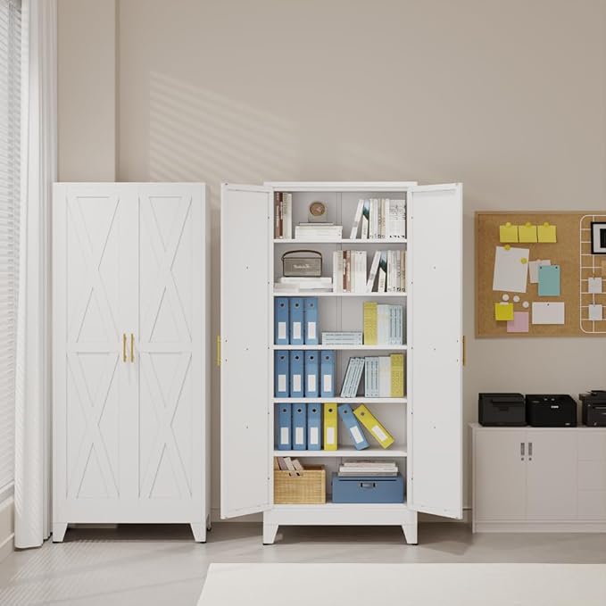 75" Tall Metal Kitchen Pantry Storage Cabinet, Freestanding Cupboard with 2 Doors and 5 Adjustable Shelves, Standing Storage for Kitchen, Bathroom, Garage, Dinning Room or Utility Room（White）
