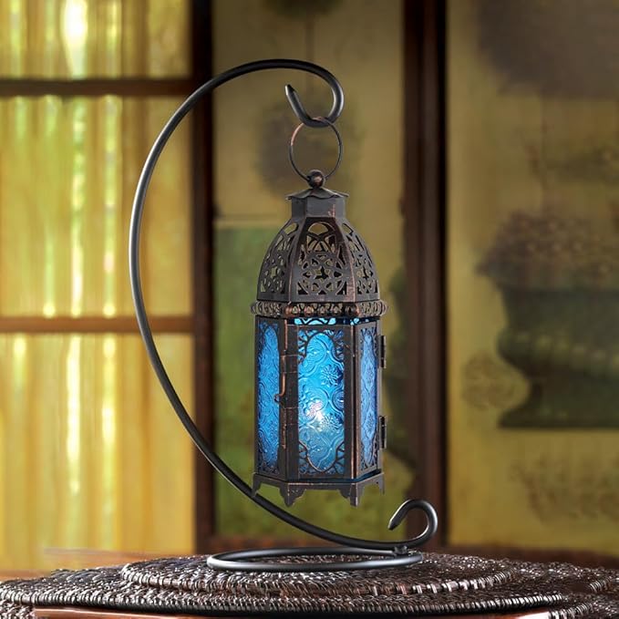 NEEDOMO Hanging Moroccan Lantern, 11'' Vintage Candle Holder, Metal Lanterns Decorative Indoor Outdoor, Table, Patio, Porch, Shelf, Gothic Home Decor (Blue, Medium Size)