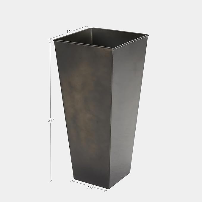 KOL 25''H. Bright Glazed Planter with Drainage Hole, Set of 2, Tall Galvanized Steel Planter Pots with Saucer for Indoor & Outdoor Use, Decorative Flower Plant Pots for Porch, Patio, Deck - Black