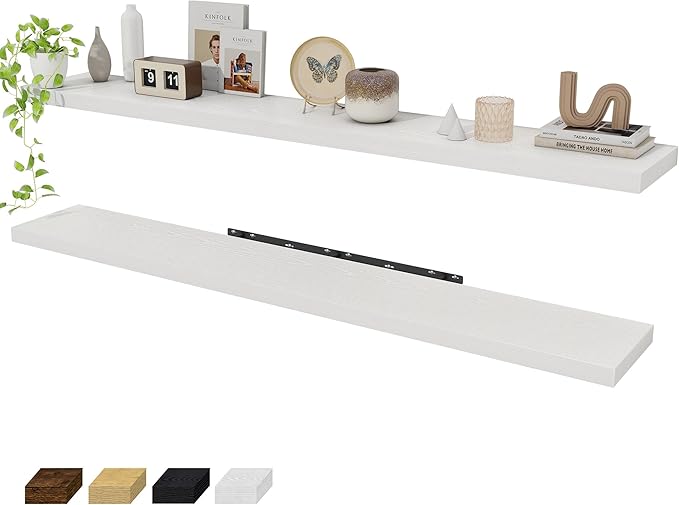Fun Memories 72 Inch Floating Shelves for Wall 2 Pack Shelves for Bedroom|Kitchen|Bathroom 72 x 9.3 Inch Wood Floating Shelf with Invisible Brackets for Books|Storage|Decor, White