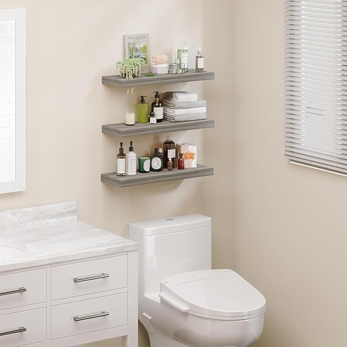 BAMEOS Floating Shelf,Wall Shelf,Decor Wall Mounted Shelves,Hanging Shelf Set of 3,L24xW6 for Bathroom Kitchen Living,Kitchen,Room Bedroom Storage,Walnut