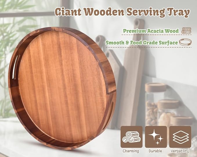 Large Round Wood Serving Tray, Wooden Trays with Handles for Ottoman Table, Vintage Acacia Tray Circle Wood Tray for Indoor Outdoor Organization and Decoration, Including 4 Round Wooden Coasters