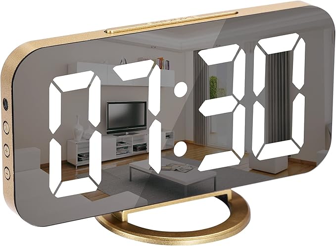 SZELAM Digital Alarm Clock,LED and Mirror Desk Clock Large Display,with Dual USB Charger Ports,3 Levels Brightness,12/24H,Modern Electronic Clock for Bedroom Home Living Room Office - Gold