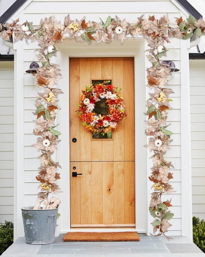 Lvydec 2 Pack Fall Maple Garland - 5.9ft/Piece Artificial Fall Foliage Garland Colorful Autumn Decor for Home Wedding Party (White&Green)