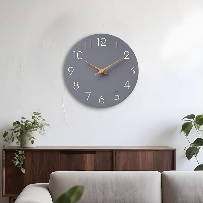 Mosewa Wall Clock 12 Inch Gray Silent Non Ticking Battery Operated Modern Simple Wooden Clock Decorative for Kitchen Home Bedroom Bathroom Office Living Room