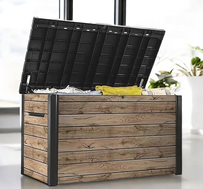 Outdoor Storage Box, Wood-Look Resin Deck Container, Indoor/Outdoor Storage, Ash Wood Brown (230 Gallon)
