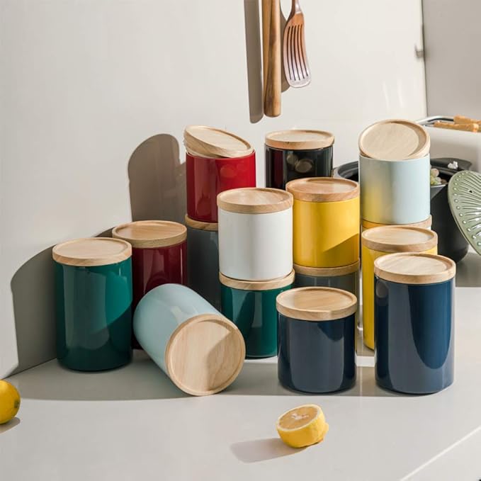 Sweejar Kitchen Canisters Ceramic Food Storage Jar, Stackable Containers with Airtight Seal Wooden Lid for Serving Ground Coffee, Tea, Sugar, Salt and More - 16 Fl Oz (Black)