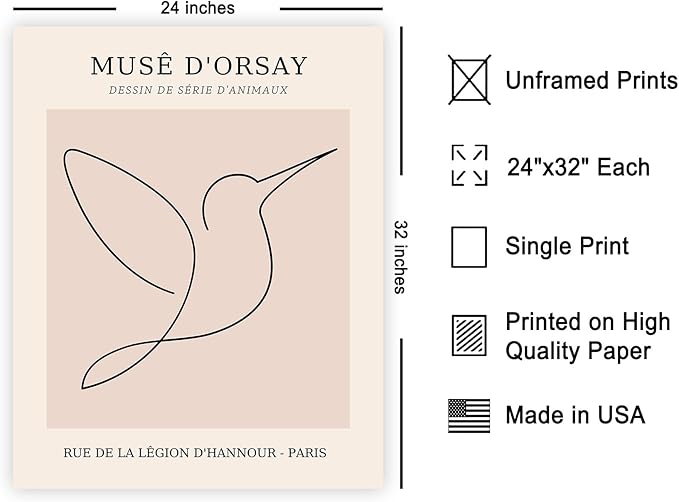 Poster Master Vintage Poster - Retro One Line Hummingbird Drawing Print - Bird Line Art - Minimal Gift for Him, Her, Animal Lover - Abstract Decor for Home, Office, 24x32 Unframed Wall Art