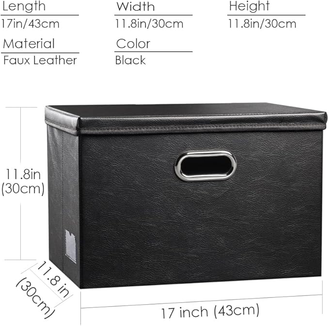 PRANDOM Large Collapsible Storage Bin with Lid [1-Pack] Leather Fabric Foldable Storage Box Organizer Containes Basket Cube with Cover for Home Bedroom Closet Office Nursery Black (17.7x11.8x11.8)