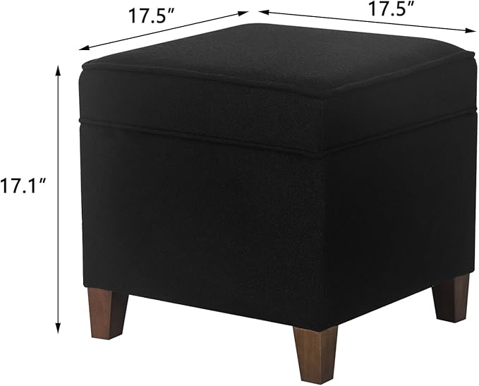 Adeco 17.5" Square Fabric Ottoman with Storage - Upholstered Cotton Linen Foot Rest - Flip Top Footstool with Sturdy Wood Legs, Small Cube Coffee Table Extra Seat for Living Room, Bedroom, Black