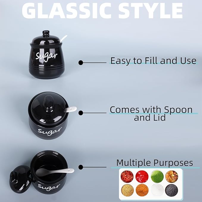 HAOTOP 12oz Sugar Bowl with Lid and Spoon,Ceramic Sugar Jar Sugar Dispenser Sugar Container Coffee Bar Accessories, Kitchen Countertop Canisters, Black