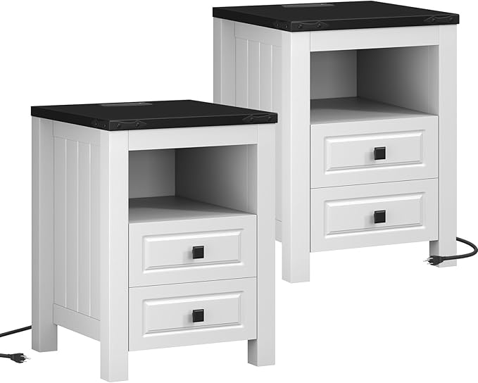 Farmhouse End Table Set of 2 with Charging Station - Apicizon Nightstands