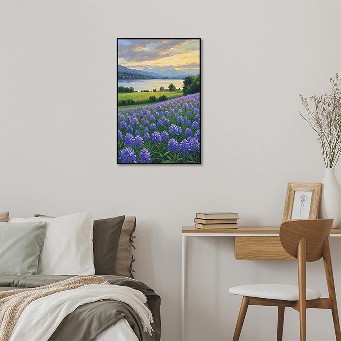 The lavender scenery all over the lake at sunset is suitable for posting in the living room bedroom office landscape poster wall painting