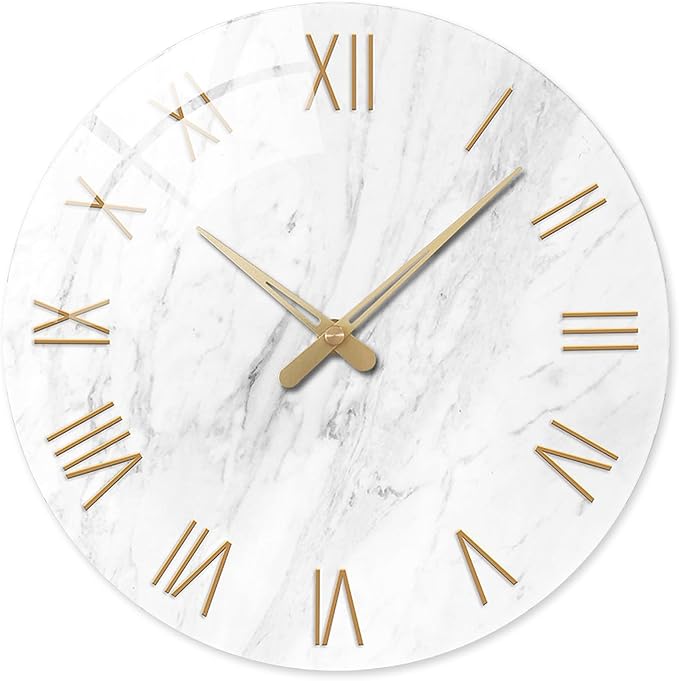Round Marble Battery Wall Clock Modern 14 Inch White Minimalist Wall Clock for Kitchen Quartz Glass Slient Clock for Wall