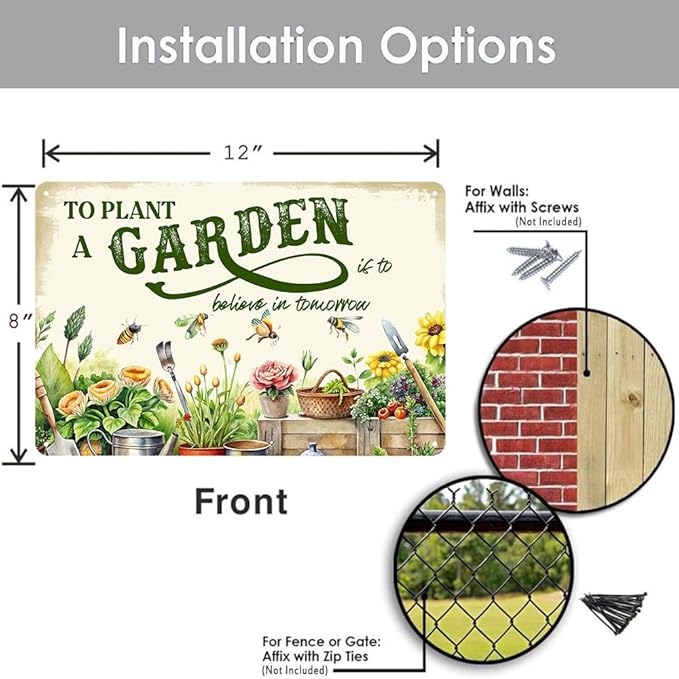 Vintage Garden Metal Sign Funny Gardening Decor Outside Yard Sign Gifts For Women Plant Lover To Plant A Garden Is To Believe In Tomorrow Signs For Home Gardeners Country Rustic Garage Farmhouse Fence Wall Decorations 8x12 Inch