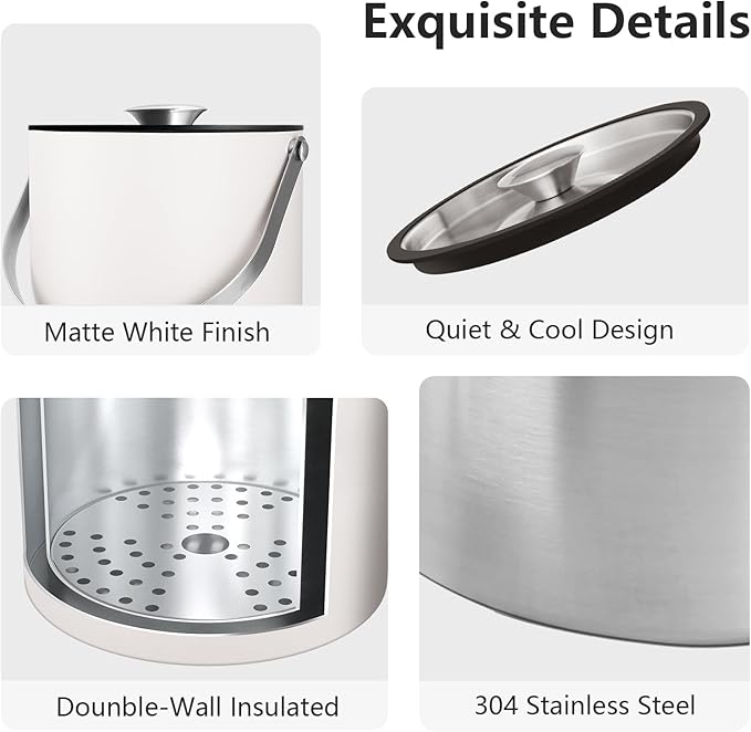 Insulated Ice Bucket with Silicone Lid, Scoop, Tongs & Strainer, 3L Stainless Steel Double Wall Ice Buckets for Parties & Cocktail Bar, Champagne Ice Bucket with Lid for Freezer, Ivory