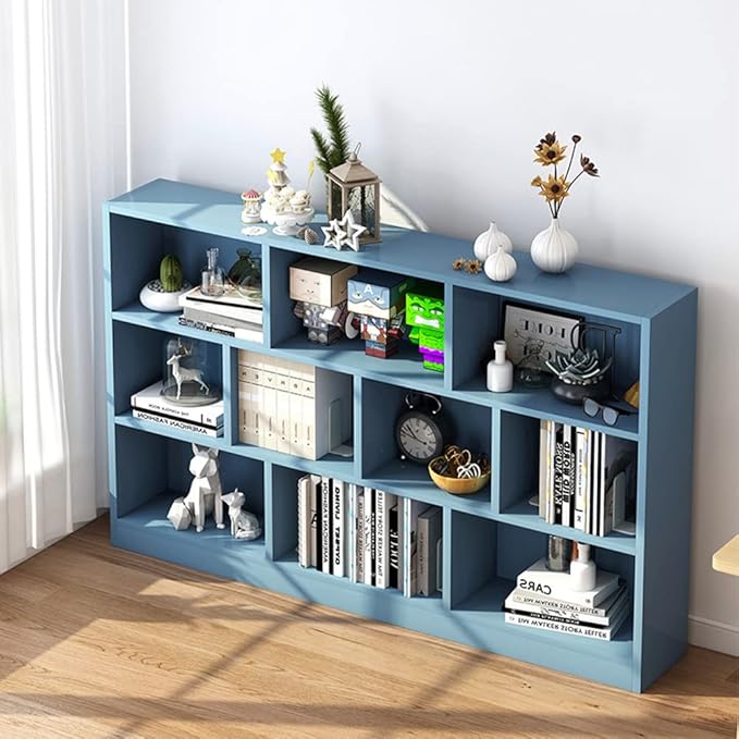 IOTXY Open Shelf Low Bookcase - Wooden 3-Tier Floor Standing Display Cabinet Organizer with Base, 10 Cubes Short Horizontal Bookshelf in Bright Blue