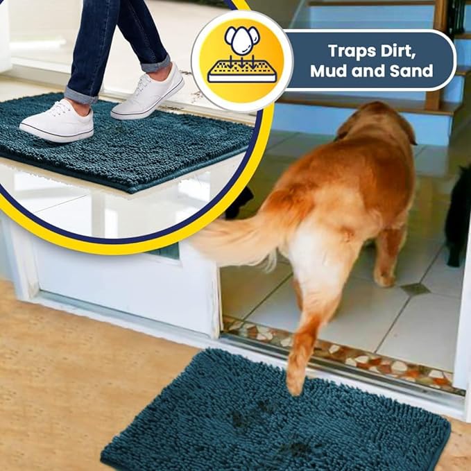 Muddy Mat® 4-Piece Atlantic Blue Medium 30"X19" AS-SEEN-ON-TV Highly Absorbent Microfiber Door Mat, Bath Mat and Pet Rug, Non Slip Thick Washable, Soft Chenille for Kitchen Bedroom Indoor and Outdoor