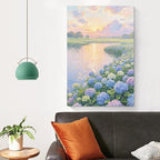 The hydrangea scenery all over the lake at sunset is suitable for posting in the living room bedroom office landscape poster wall painting