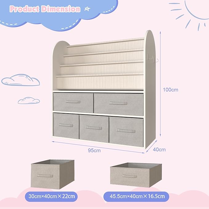 NACHES Kids Bookshelf and Toy Storage Bins, Children Bookcase Toddler Book Display Cabinet with 5 Toy Organizer Boxes for Playroom,Reading Room,Toddler Room,Nursery,Classroom