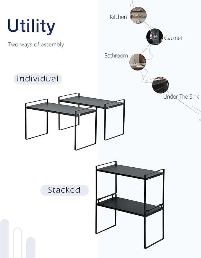 Nxconsu 2Pack Cabinet Shelves Stackable Organizer Rack Riser for Kitchen Cabinet Pantry Cupboard Counter Countertop Home Organization Storage Space Saver Heavy Duty Metal Nonslip Black Tall