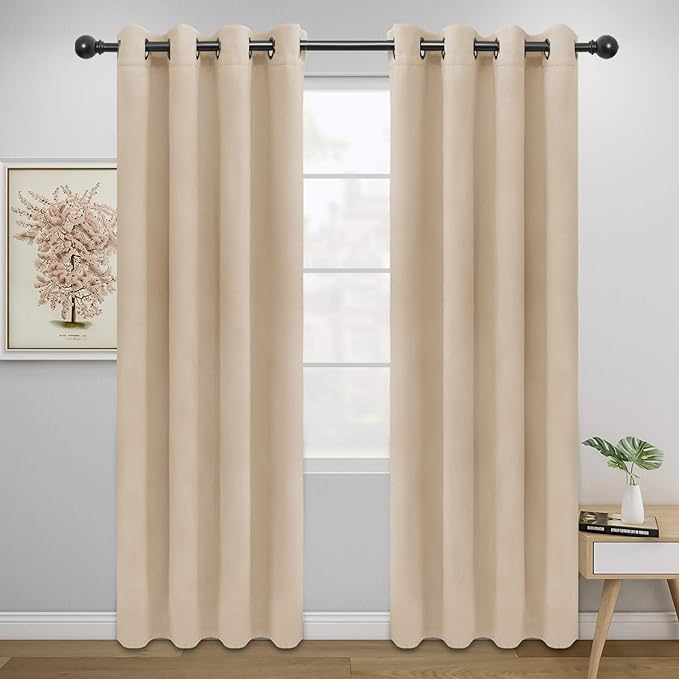 Easy-Going Blackout Curtains for Bedroom, Solid Thermal Insulated Grommet and Noise Reduction Window Drapes, Room Darkening Curtains for Living Room, 2 Panels (52x84 in,Beige)