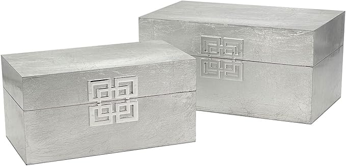 Galt International Storage Box Set Decorative Storage Box w/Hinged Lid Classic Design Wood Decor Boxes with Geometric Clasp Storage for Bedroom & Home - Set of 2 (Silver)