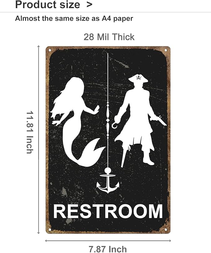 ALKB Nautical Themed Vintage Restroom Door Sign Fun Mermaid and Pirate Sign Suitable for Ocean, Beach, Ship Themed Wall Decor 8x12 Inch