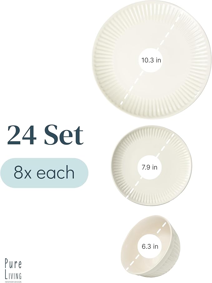 Stoneware Dinnerware Set for 8 People HYGGE 24-Piece - Elegant Scandi Design - Premium Dish Set - Bowl and Plate Set - Tableware for 8 People in a Ribbed Design - Pure Living in Beige