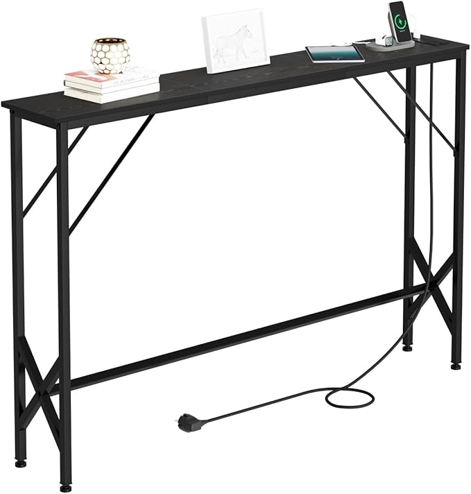 47.2'' Console Table, Skinny Entryway Table with Fast-Charging Station, Narrow Long Sofa Table, Behind Slim Couch Table for Entrance, Hallway, Living Room Decor ST-BK120-1