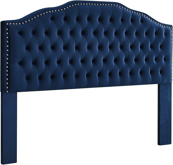 24KF Upholstered Button Tufted King Headboard with Nailhead Trim, Soft Velvet Fabric Headboard King/CA King - Navy