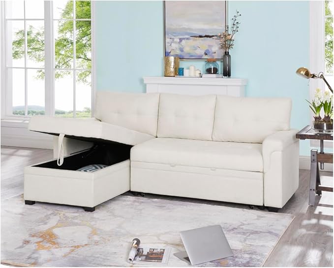 Naomi Home Transform Any Space: Sleeper Sectional Sofa with Convertible Sofa Bed & Inviting Chaise. Find Tranquil Comfort with Stress-Relieving Design & Durable Cushions - Cream/Velvet