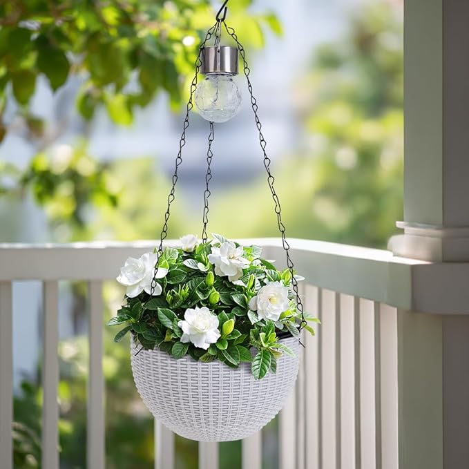 Hanging Pots for Plants Outdoor - 2 Pack White Artificial Rattan Solar Flower Baskets with Drainage Holes & Removable Tray, Garden Gifts for Women/Mothers, Porch, Balcony Decor