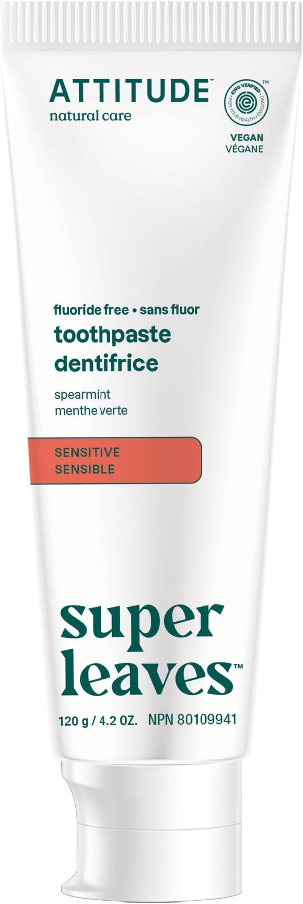 ATTITUDE Fluoride-Free Sensitive Toothpaste, Spearmint Flavor, Vegan & Cruelty-Free, Sugar-Free, Plant & Mineral-Based Ingredients, Clean Oral Care, 4.2 Oz