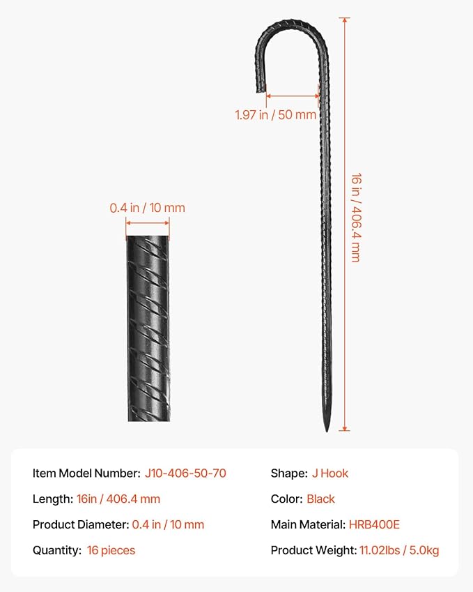 VEVOR Rebar Stakes, 16-Inch, Heavy-Duty 0.4 in Diameter J Hook, Galvanized Steel Ground Anchors with Chisel Point End & Rust-Resistant Coating, for Gardening Support, Fence, Camping Tents (16-Pack)