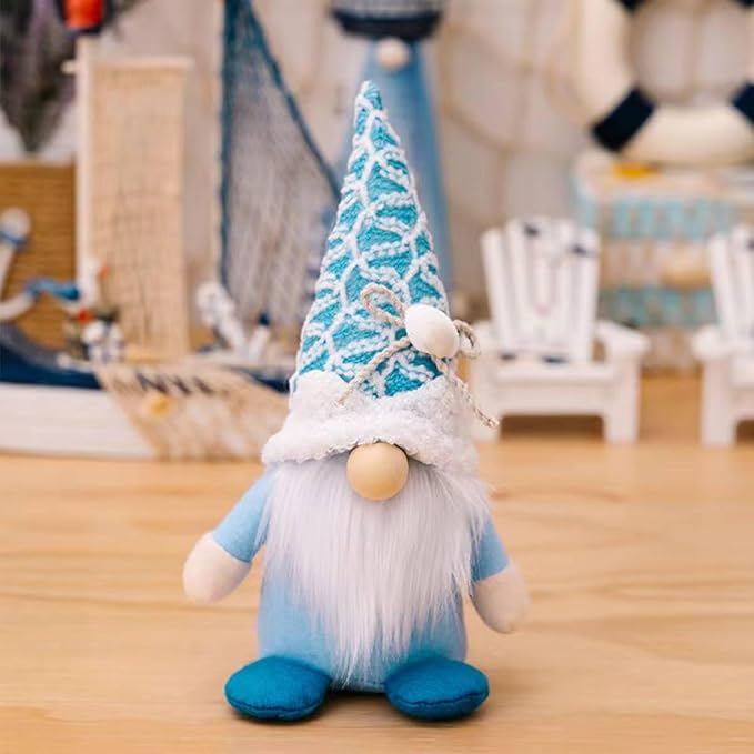 Summer Gnomes Decorations, Beach Gnomes Plush Decor for Home Ocean Day Gnome Tiered Tray Decor Handmade Tomte Swedish Nisse Scandinavian Elf Dwarf,Birthday Gnome Gifts, Blue