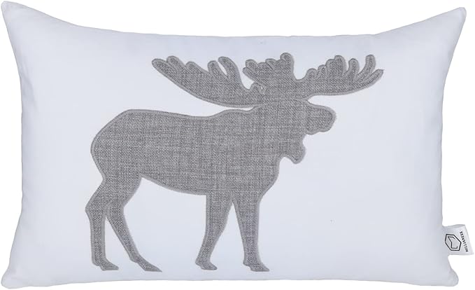 Lumbar Pillow Covers 12x20 Inches Moose Decorative Cotton Linen Throw Lumbar Waist Embroidered Cushions Covers for Couch Sofa Bedroom (White)
