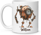 Steampunk Robot Coffee Mug With Custom Name, Customized Mechanical Themed Design Ceramic Cup, Steampunk Enthusiasts White Cup 11oz Or 15oz, Personalized Mug Gift For Daughter Son