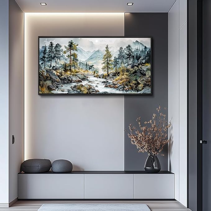 PHAOHUAXM Large Wall Art For Bedroom Wall Decor For Living Room Office Home Decoration Rivulet View Painting Forest Tree Landscape Watercolour Canvas Pictures Ready To Hang Black Framed 20x40 In