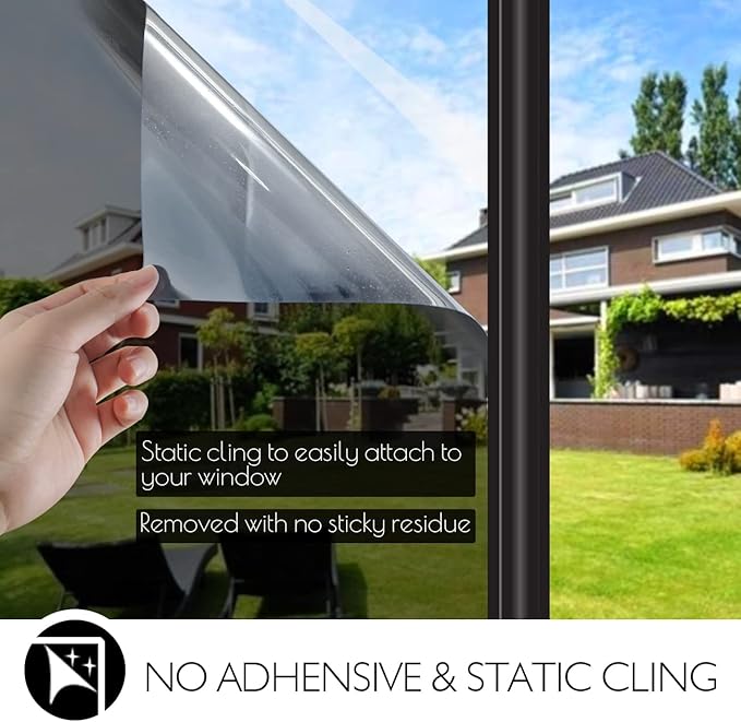 HIDBEA One Way Privacy Window Film, Daytime Mirror Reflective Heat Control UV Sun Blocking Non-Adhesive Static Cling Window Tint for Home and Office(Black-Silver, 41.3 Inch x 13.1 Feet)