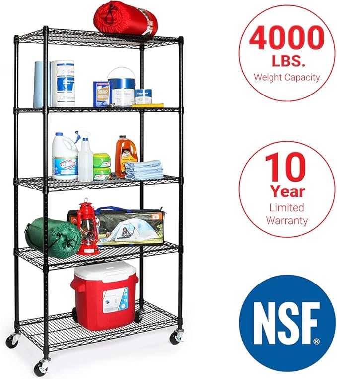 Seville Classics UltraDurable Heavy Duty NSF Solid Steel Wire Rack Storage Unit, Organizer for Garage, Warehouse, Office, Restaurant, Classroom, Kitchen, Black, 5-Tier Shelving, 36" W x 18" D