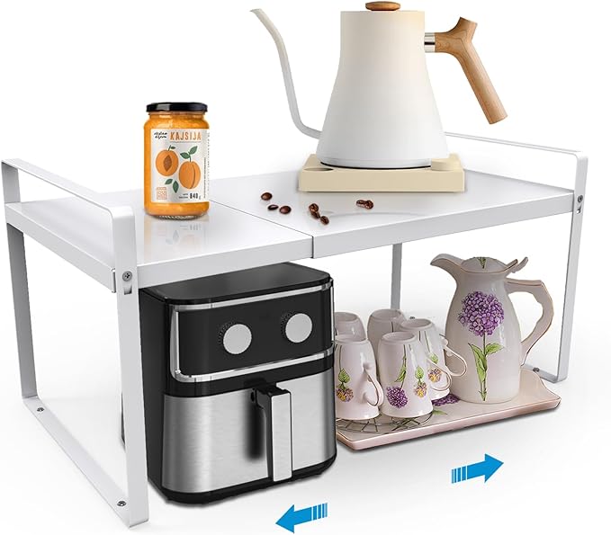 11'' Wide Expandable Cabinet Shelf Organizer Rack Adjustable Length 14''-26'' Pantry Shelf Spice Rack Heavy Duty Nonslip Kitchen Counter Storage Shelves Pantry Cupboard Under Sink Countertop White