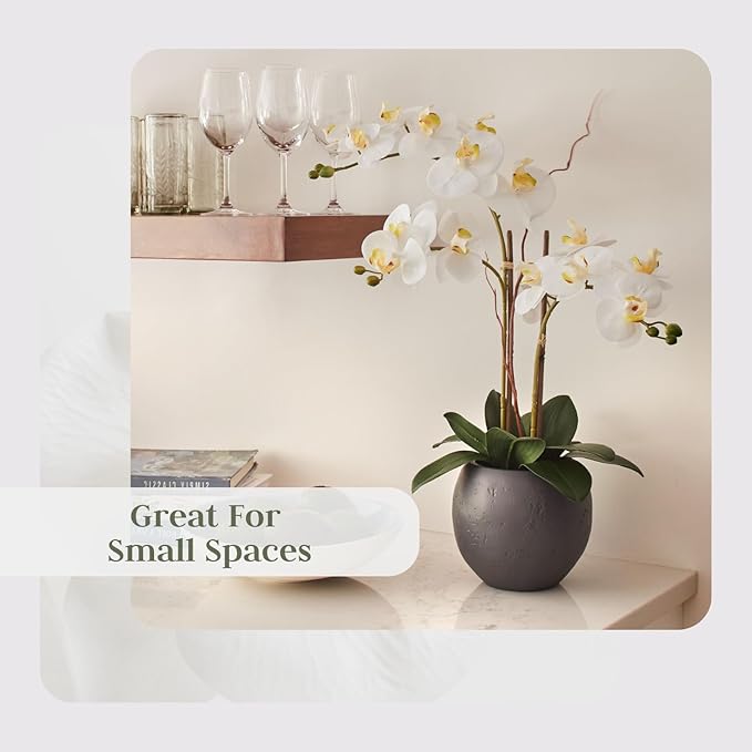 Faux White Orchid Plant, Premium Artificial Indoor Flower Display Stands 25-Inches with Beautiful Sculptural Blooms and Foliage That Lasts Forever, Grey Planter Pot Included