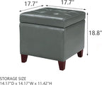 Adeco Bonded Leather Square Tufted Cubic Cube Storage Footstool, 18" Inch Ottomans & Storage Ottomans, With Lid, Dim Gray