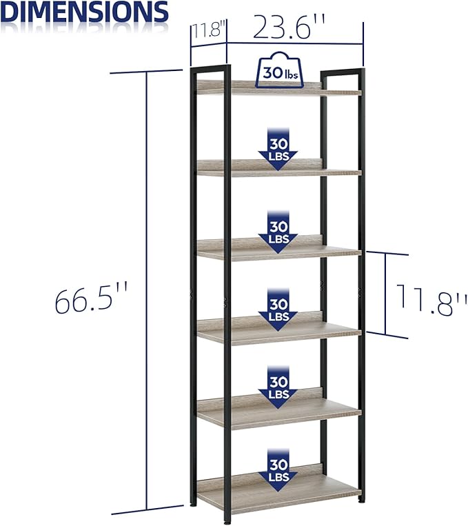 NUMENN Bookshelf, 6 Tier Bookshelves, Home Office Bookcase Shelf Storage Organizer, Free Standing Storage Shelving Unit for Bedroom, Living Room and Home Office, Grey